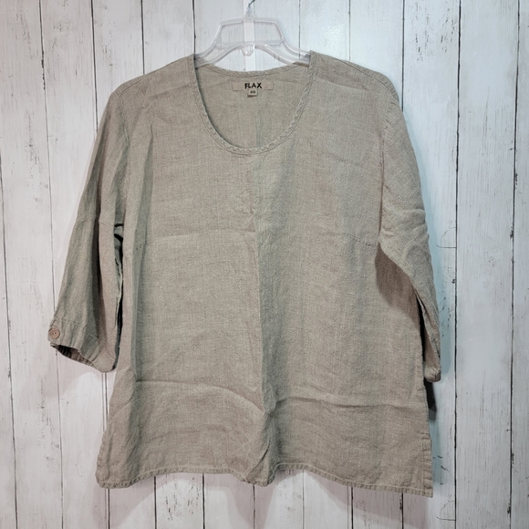 Flax Tops - Flax Women's Beige Linen 3/4 Sleeve Button Accent Plus Size 3G (24-26).
